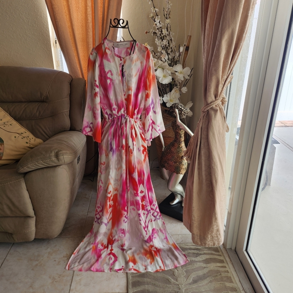 by Malina Rocas Kaftan Riviera pink silk dress size S NEW
